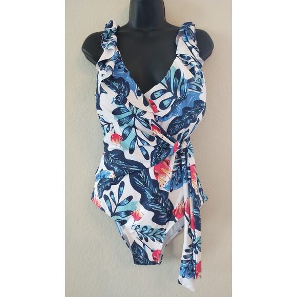 Ladies One Piece Swimsuit Large Blue Pink Floral women’s swimsuit - Picture 1 of 9